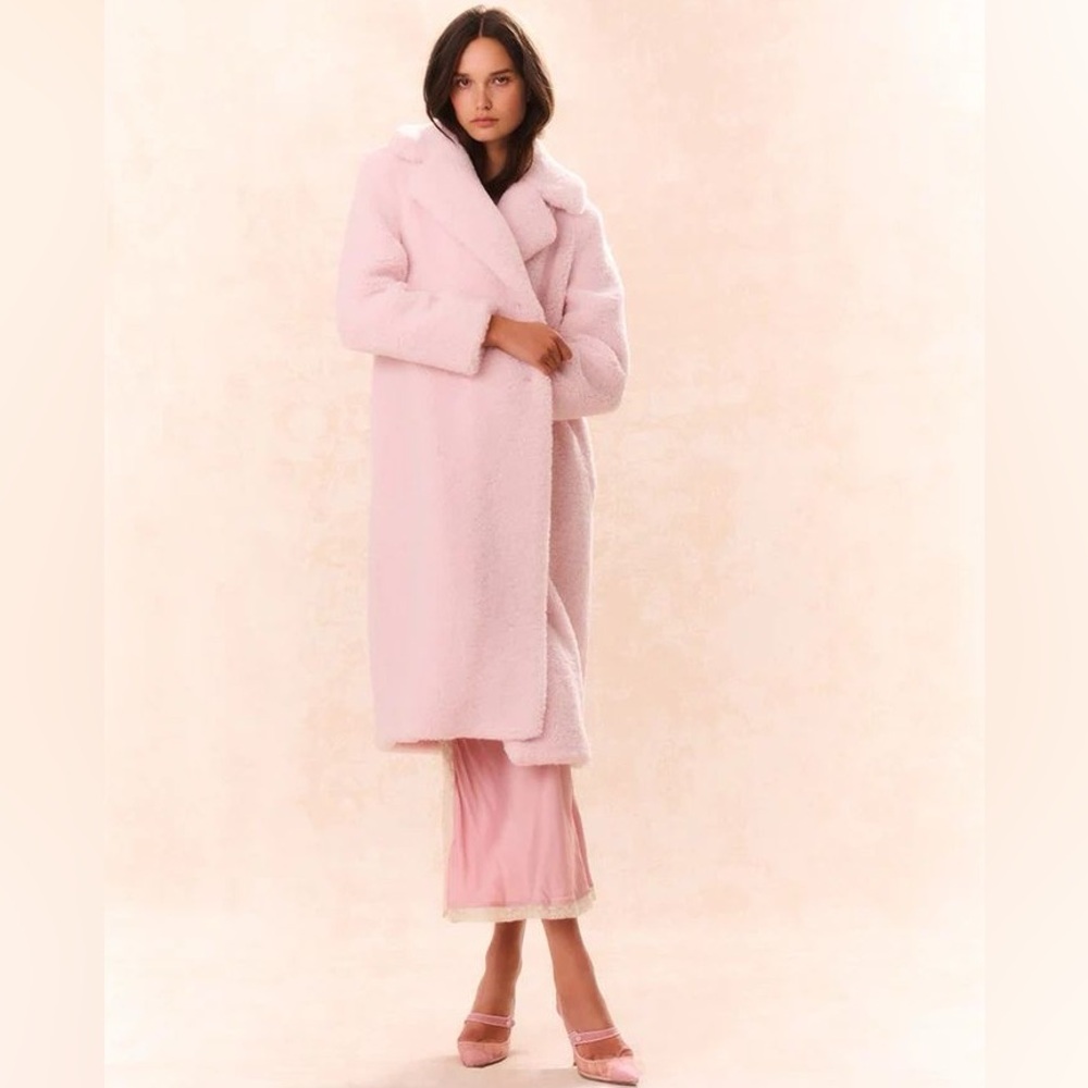 LoveShackFancy Baileene Faux Shearling Coat, Pale Pink, Oversized Teddy Coat XS
